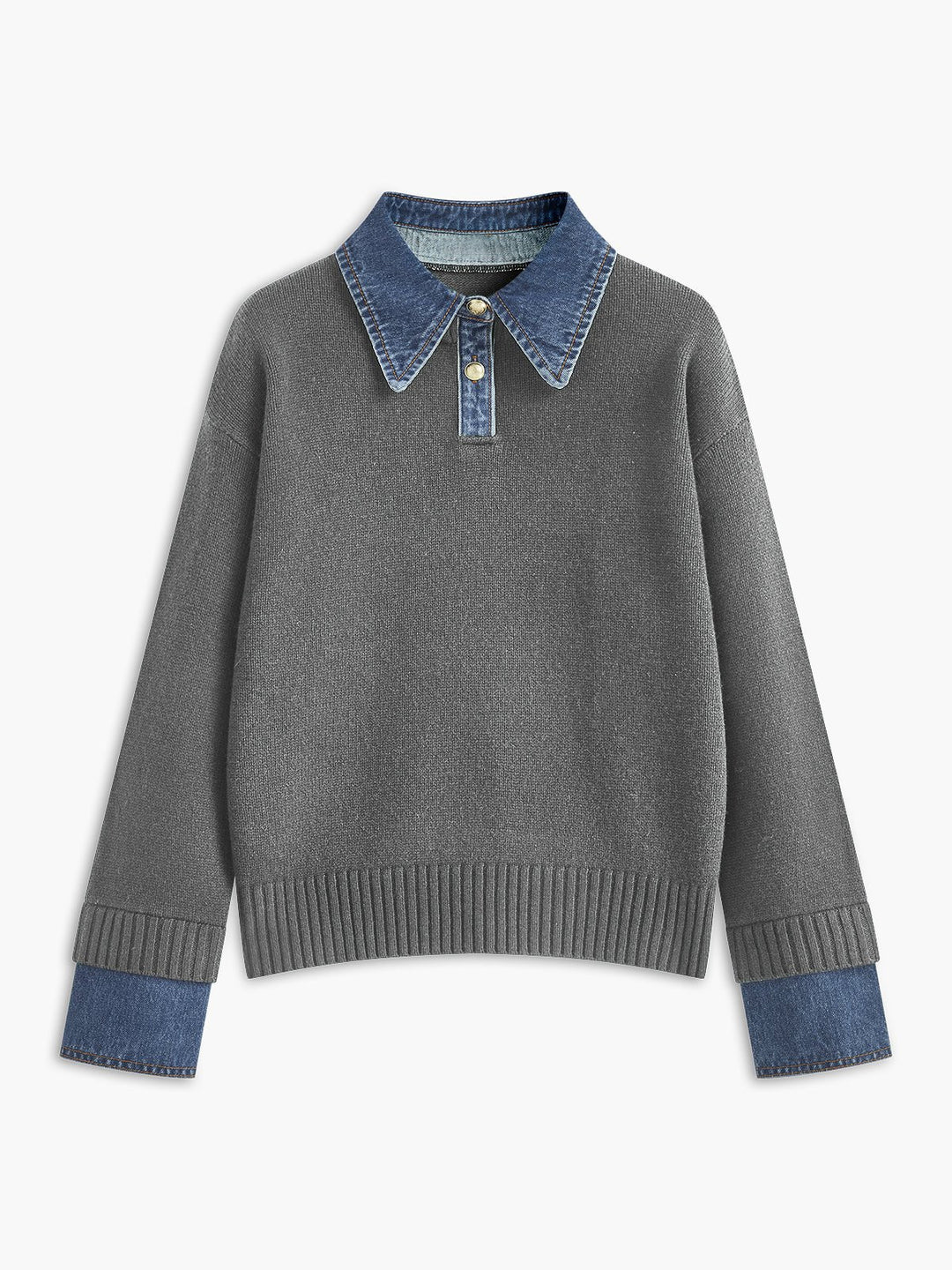 Mia - Women's Denim-Collar Knit Polo Sweater