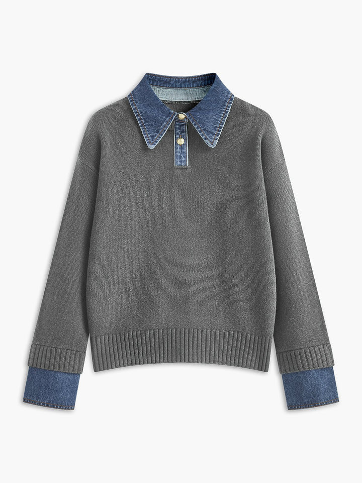 Mia - Women's Denim-Collar Knit Polo Sweater