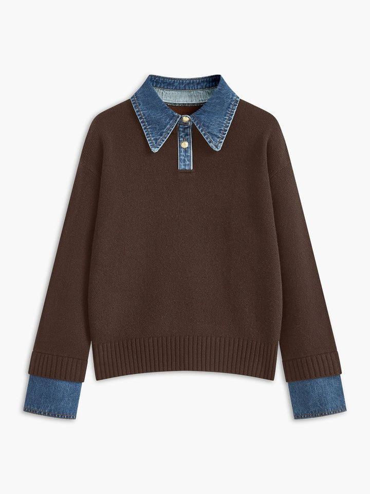 Mia - Women's Denim-Collar Knit Polo Sweater