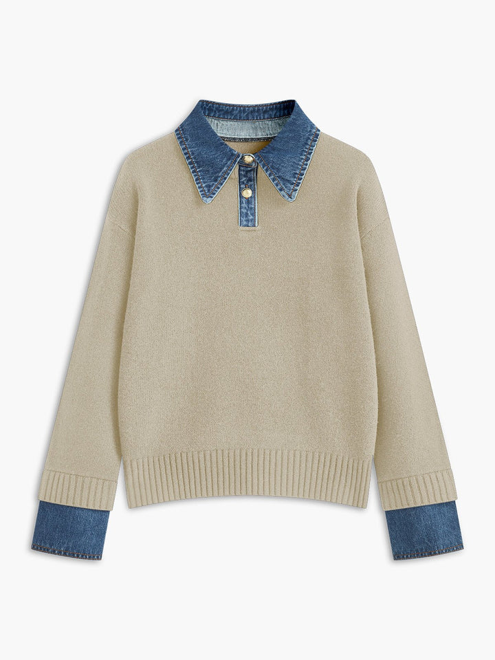 Mia | Women's Denim-Collar Knit Polo Sweater