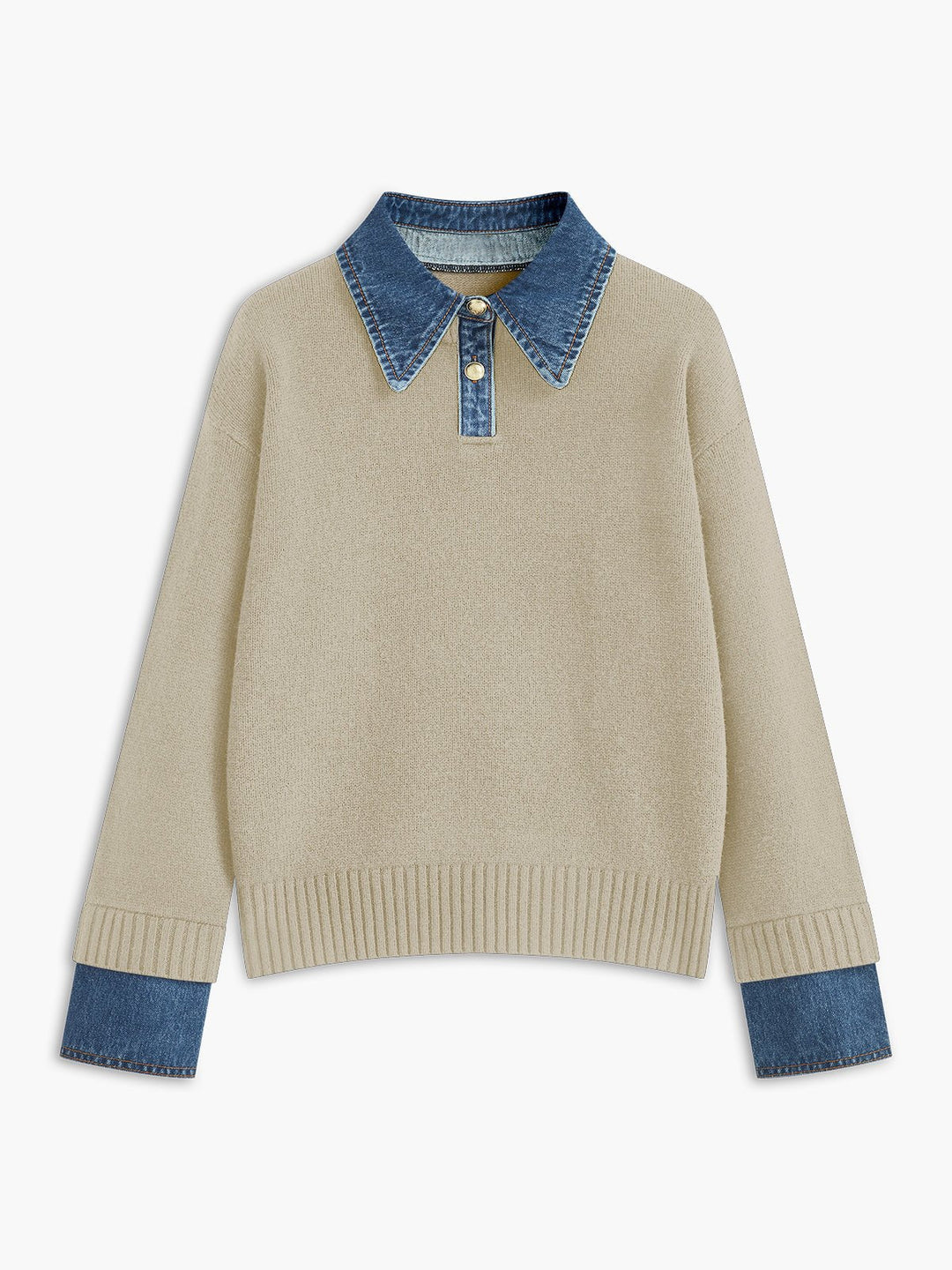 Mia - Women's Denim-Collar Knit Polo Sweater