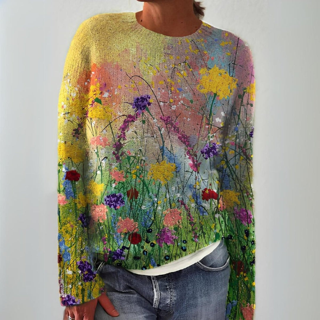 Evelyn - Women's Floral Art Print Long-Sleeve Knit Sweater