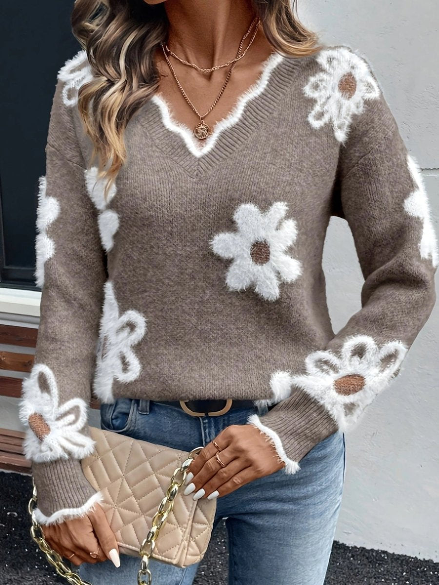 Olivia - Women's Floral Daisy V-Neck Fuzzy Knit Sweater