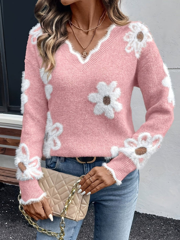Olivia - Women's Floral Daisy V-Neck Fuzzy Knit Sweater