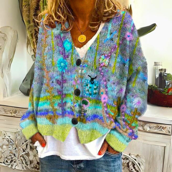 Evelyn | Women's Floral Embroidered Multicolor Button-Front Knit Sweater Cardigan