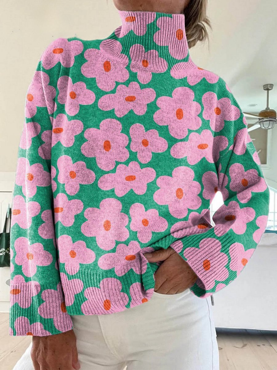 Amelia | Women's Floral Print Relaxed-Fit Turtleneck Sweater