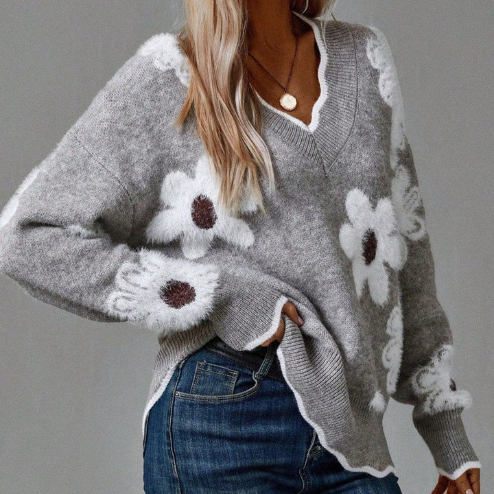 Camila | Women's Floral V-Neck Long Sleeve Knit Sweater