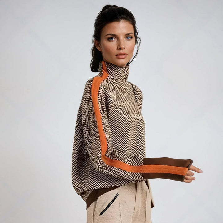Sophia - Women's Herringbone Contrast-Trim Oversized Turtleneck Sweater