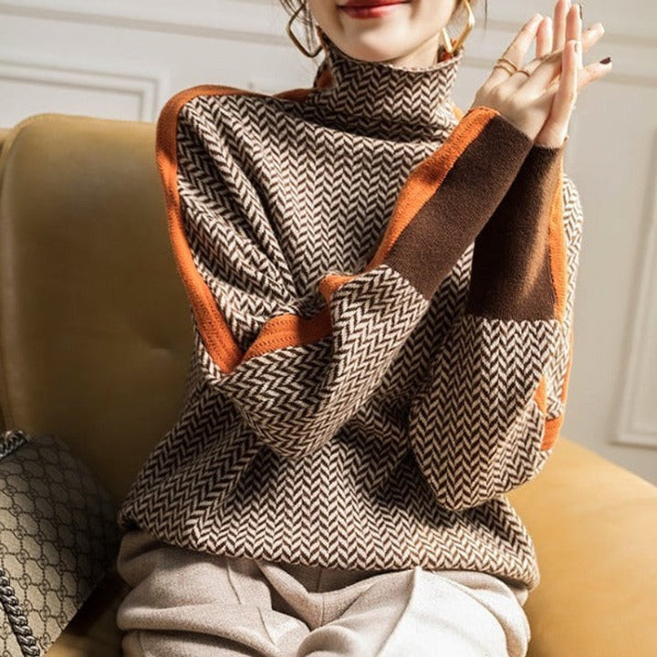 Sophia - Women's Herringbone Contrast-Trim Oversized Turtleneck Sweater