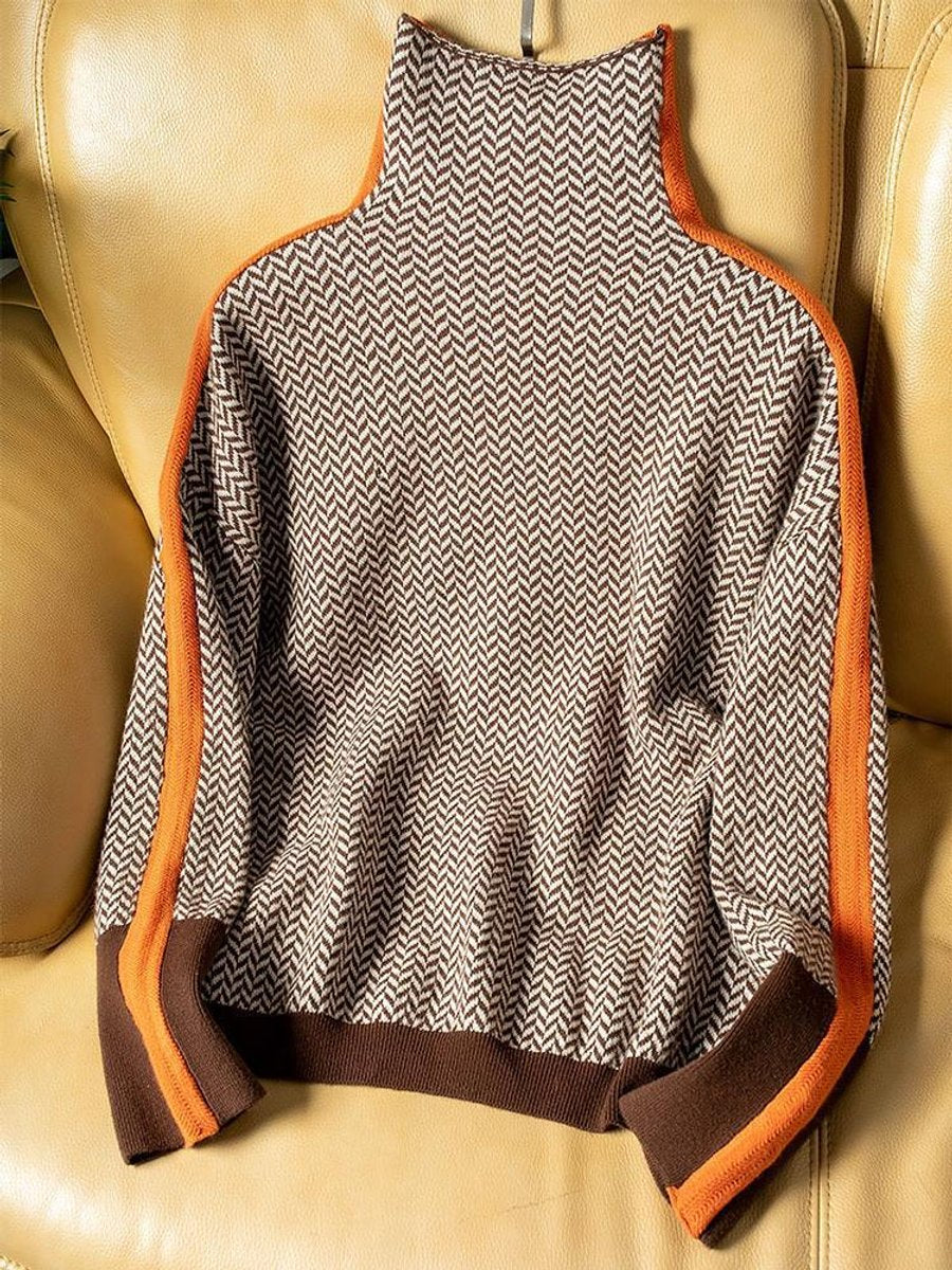 Sophia - Women's Herringbone Contrast-Trim Oversized Turtleneck Sweater