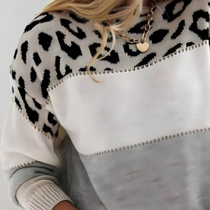 Grace - Women's Leopard Print Colorblock Knit Pullover Sweater