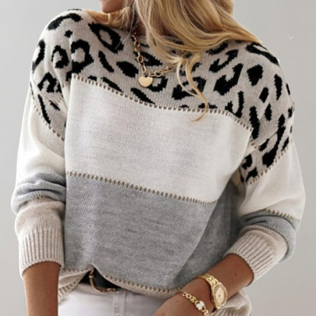 Grace - Women's Leopard Print Colorblock Knit Pullover Sweater