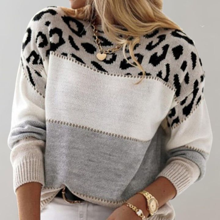 Grace - Women's Leopard Print Colorblock Knit Pullover Sweater
