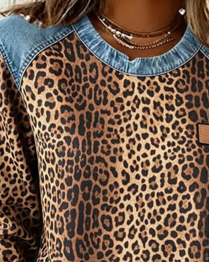 Olivia - Women's Leopard Print Denim Patchwork Pullover Sweater