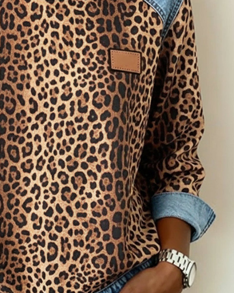 Olivia - Women's Leopard Print Denim Patchwork Pullover Sweater