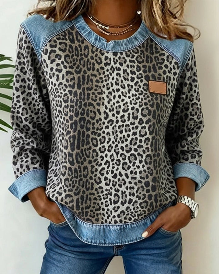 Olivia - Women's Leopard Print Denim Patchwork Pullover Sweater