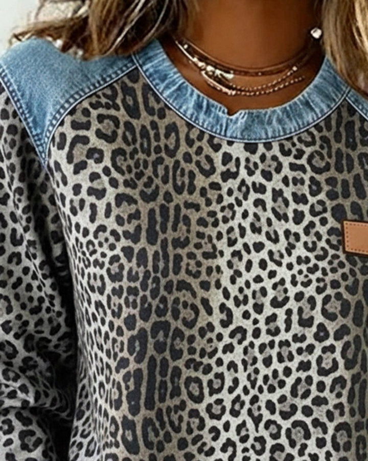 Olivia - Women's Leopard Print Denim Patchwork Pullover Sweater