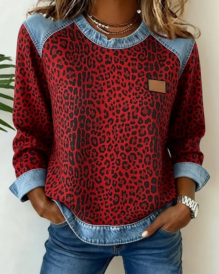 Olivia - Women's Leopard Print Denim Patchwork Pullover Sweater