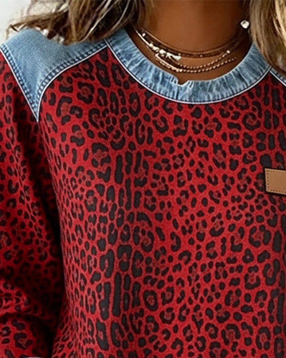 Olivia - Women's Leopard Print Denim Patchwork Pullover Sweater