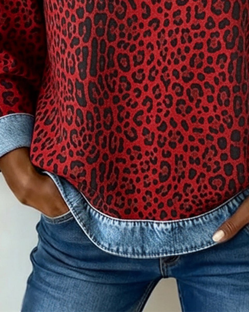 Olivia - Women's Leopard Print Denim Patchwork Pullover Sweater