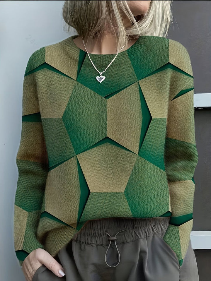 Charlotte | Women's Long-Sleeve Geometric Print Knit Sweater Crewneck Top