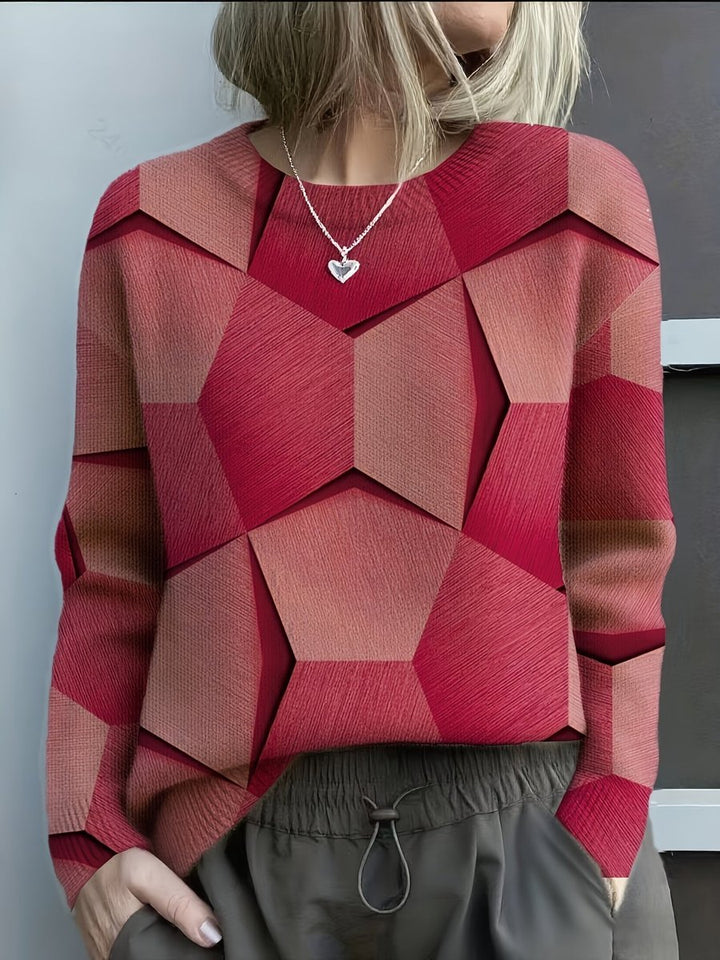 Charlotte - Women's Long-Sleeve Geometric Print Knit Sweater Crewneck Top