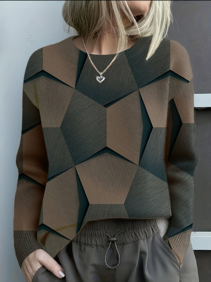 Charlotte - Women's Long-Sleeve Geometric Print Knit Sweater Crewneck Top