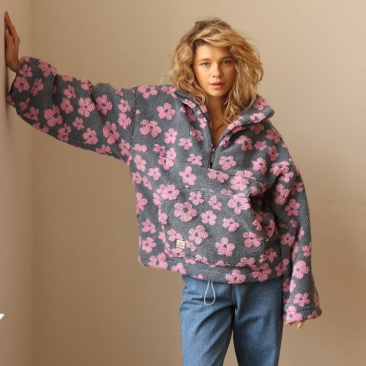 Penelope | Women's Oversized Floral Sherpa Fleece Half-Zip Pullover Sweater