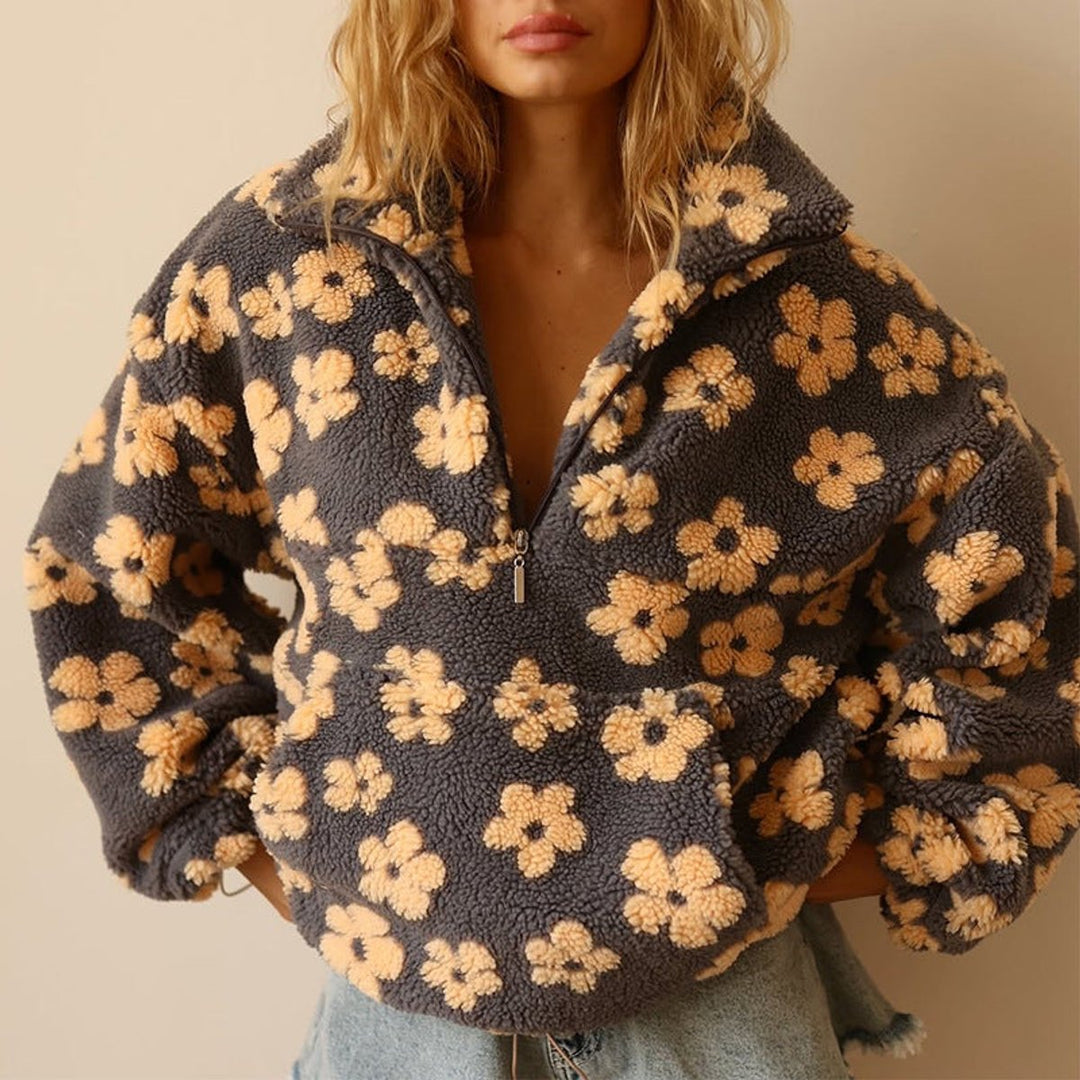 Penelope - Women's Oversized Floral Sherpa Fleece Half-Zip Pullover Sweater