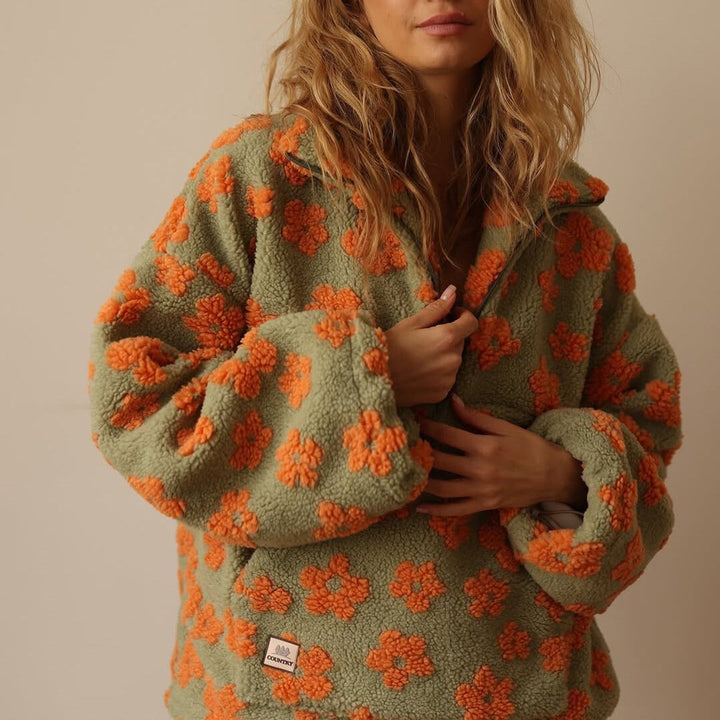 Penelope - Women's Oversized Floral Sherpa Fleece Half-Zip Pullover Sweater