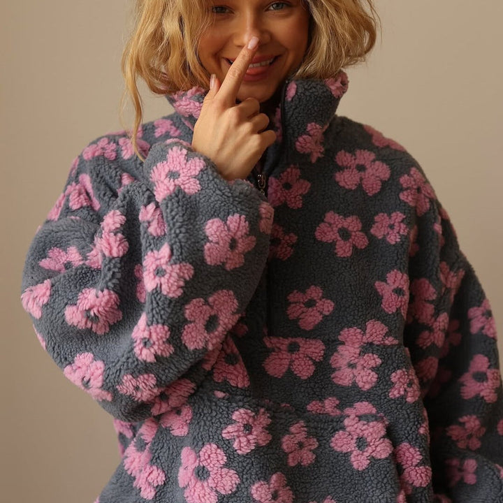 Penelope - Women's Oversized Floral Sherpa Fleece Half-Zip Pullover Sweater