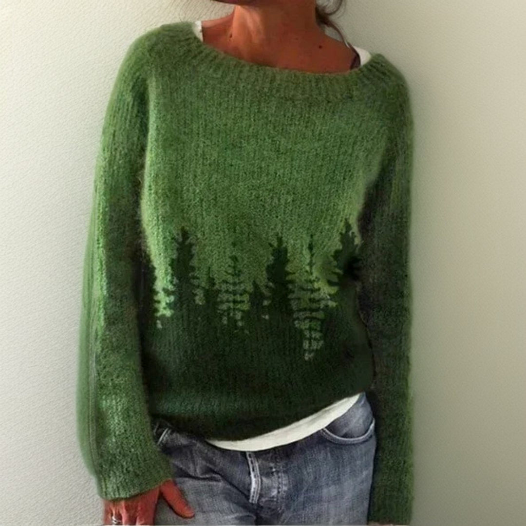 Evelyn - Women's Oversized Forest Print Knit Sweater Crew Neck