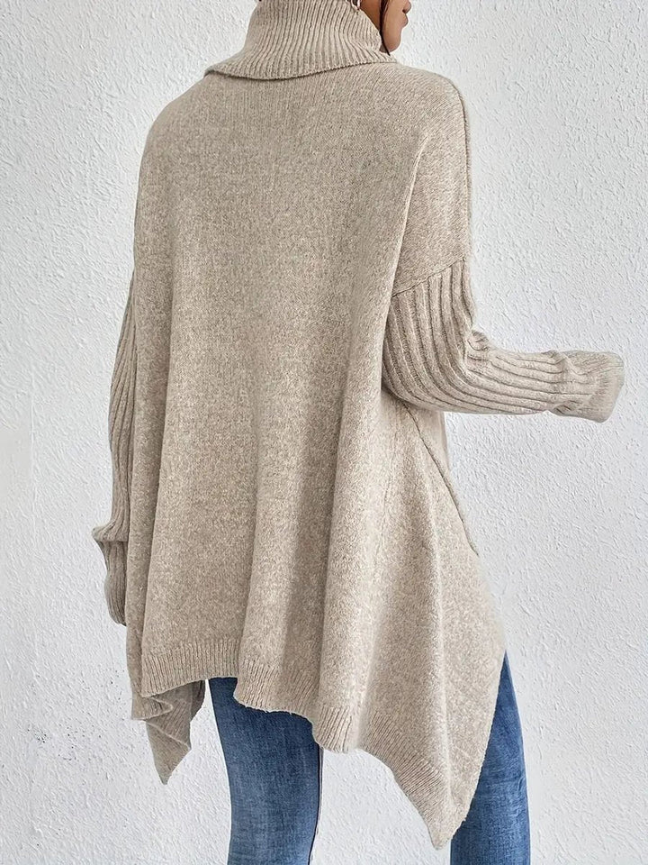 Mia | Women's Oversized Ribbed-Trim Turtleneck Sweater High-Low Hem