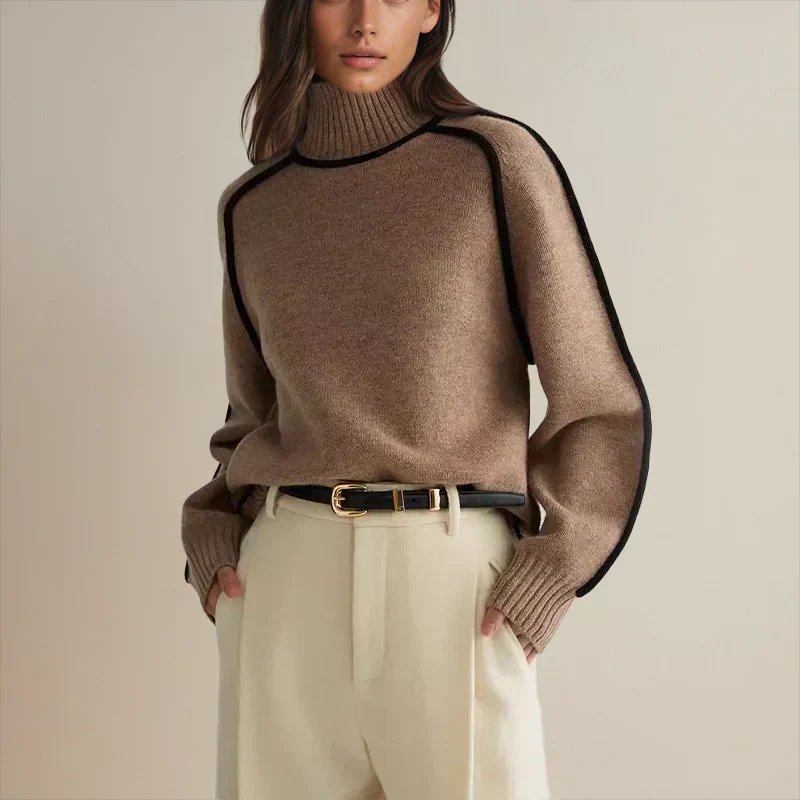 Camila | Women's Oversized Turtleneck Colorblock Knit Sweater