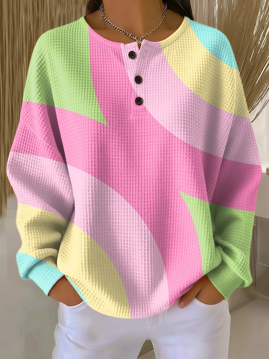 Penelope | Women's Pastel Color-Block Waffle-Knit Henley Pullover Sweater