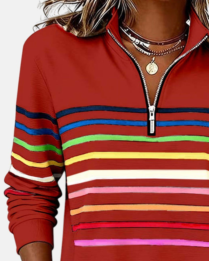 Madison - Women's Quarter Zip Sweatshirt Striped Long Sleeve Pullover