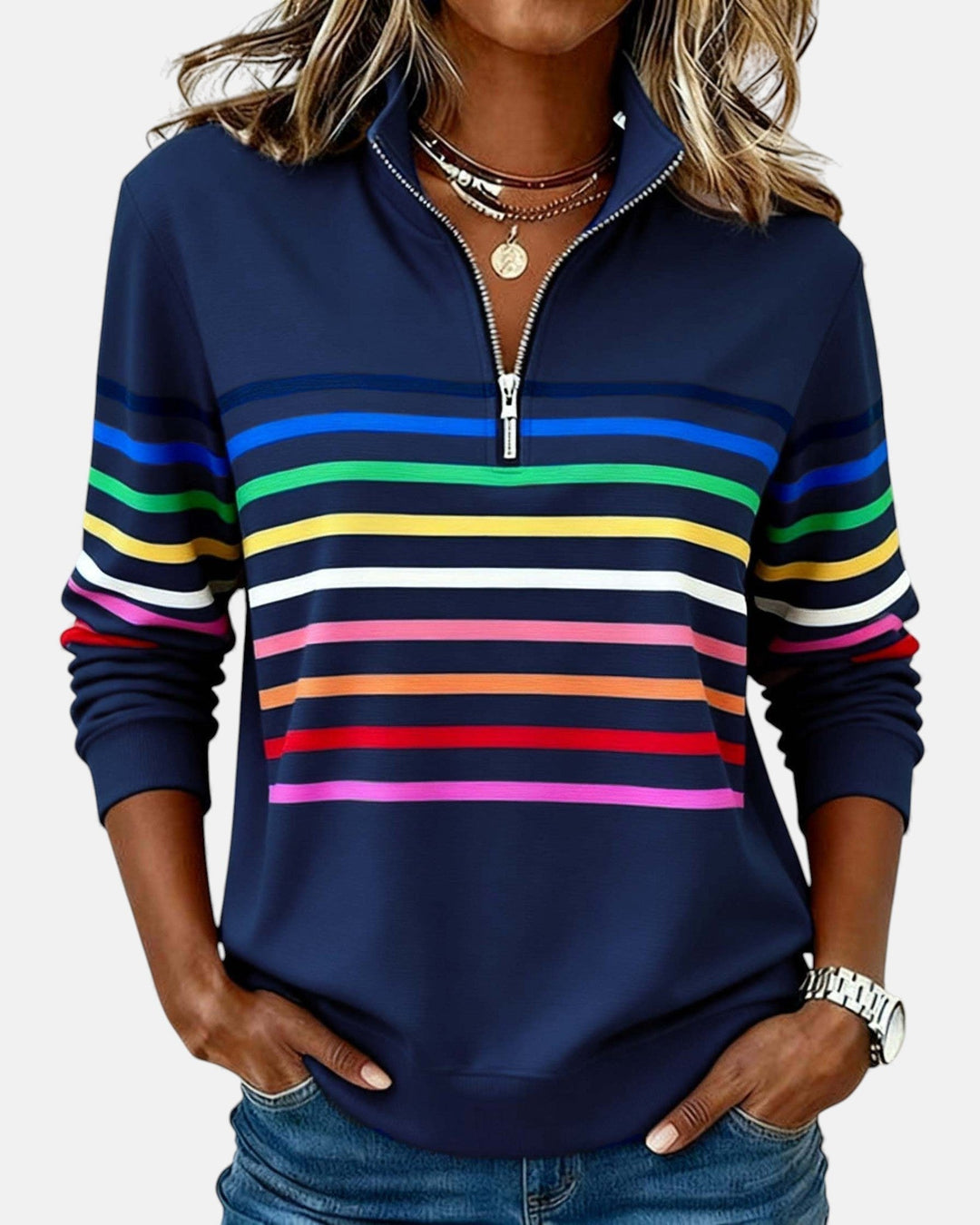 Madison - Women's Quarter Zip Sweatshirt Striped Long Sleeve Pullover