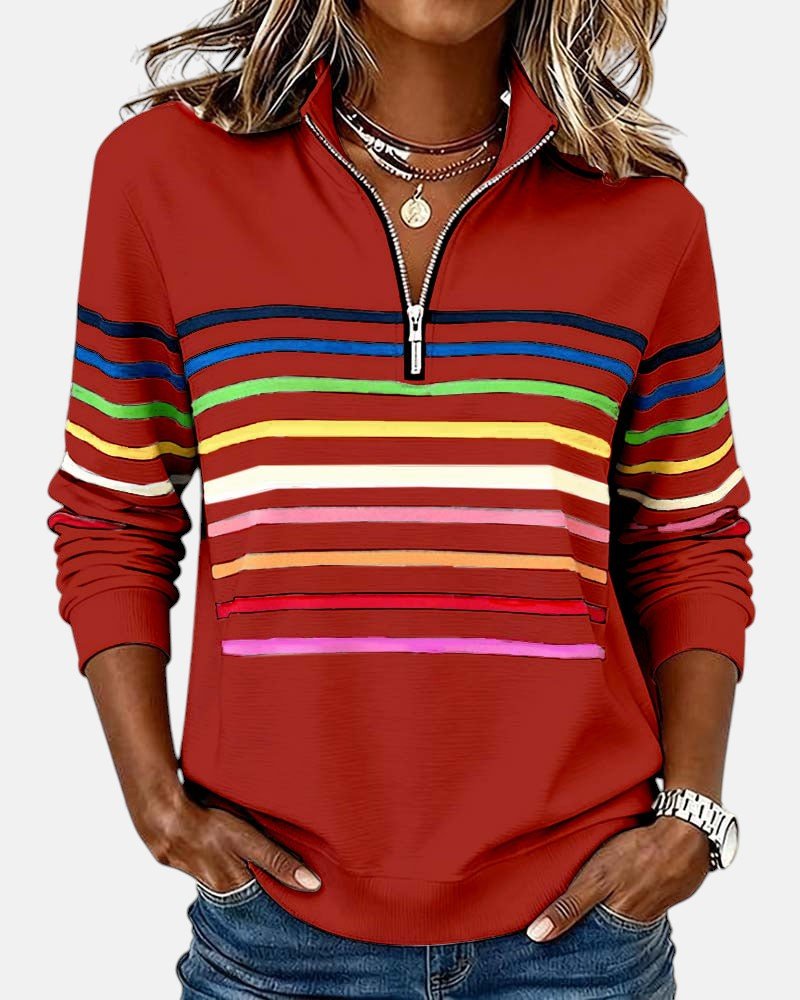 Madison - Women's Quarter Zip Sweatshirt Striped Long Sleeve Pullover