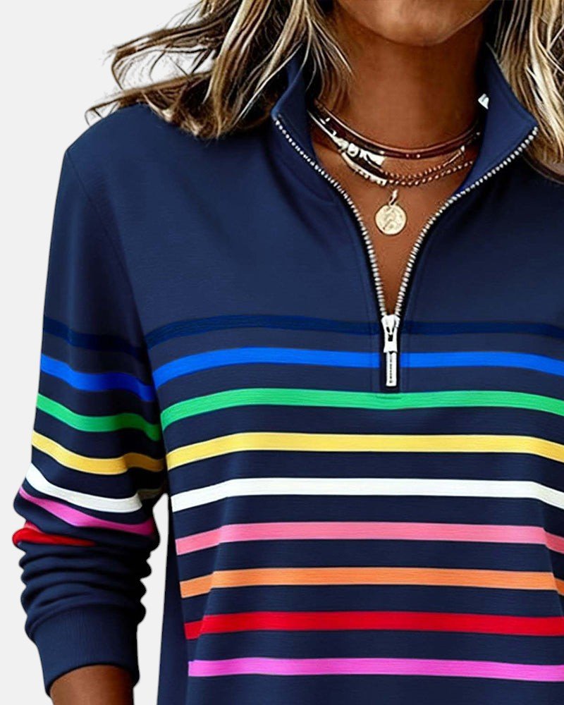 Madison - Women's Quarter Zip Sweatshirt Striped Long Sleeve Pullover