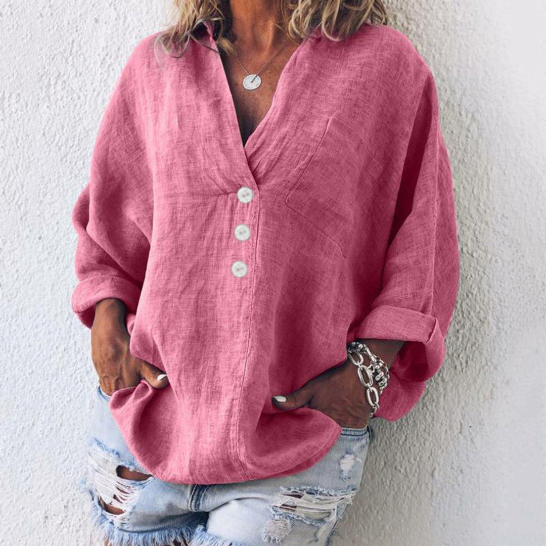 Grace - Women's Relaxed-Fit Cotton Linen Button-Up Pullover Sweater