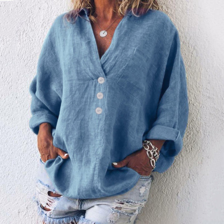 Grace - Women's Relaxed-Fit Cotton Linen Button-Up Pullover Sweater