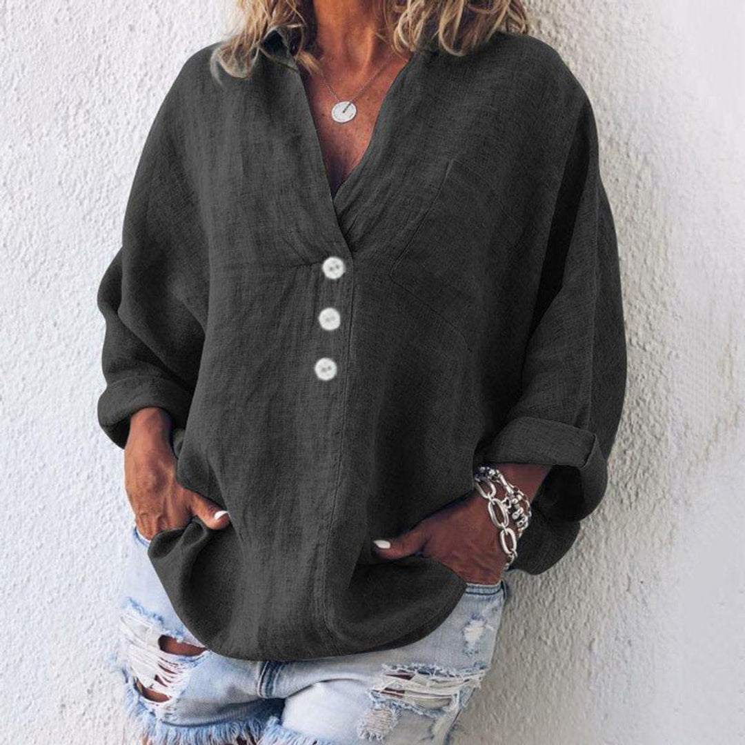 Grace - Women's Relaxed-Fit Cotton Linen Button-Up Pullover Sweater
