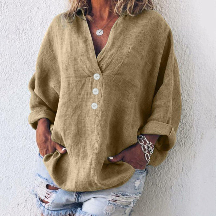 Grace - Women's Relaxed-Fit Cotton Linen Button-Up Pullover Sweater