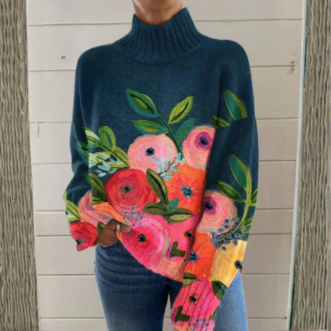 Evelyn | Women's Relaxed-Fit Floral Knit Turtleneck Sweater