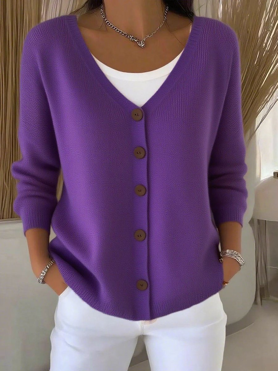 Camila | Women's V-Neck Button-Front Long Sleeve Knit Sweater