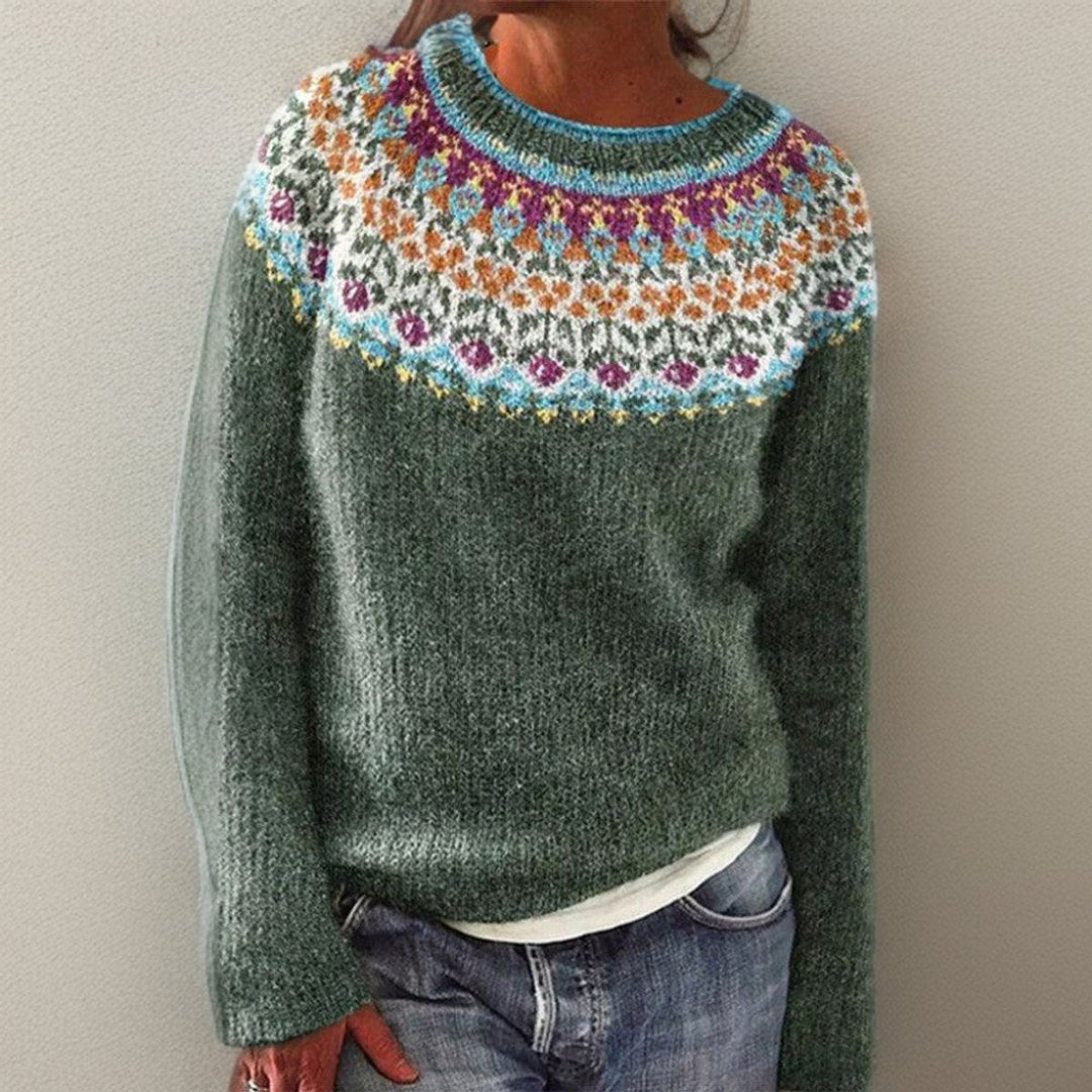 Victoria - Women's Vintage Floral Yoke Pullover Knit Sweater
